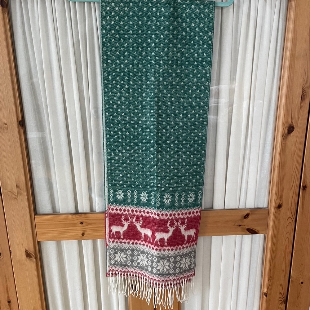 Green Holiday Scarf with Reindeer Pattern